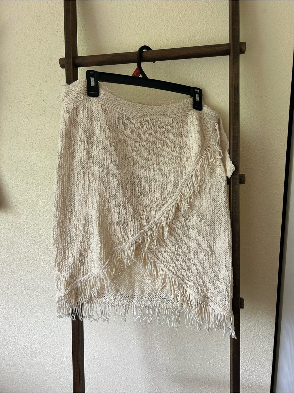Callahan Cream Fringed Knit Asymmetrical Wrap Skirt